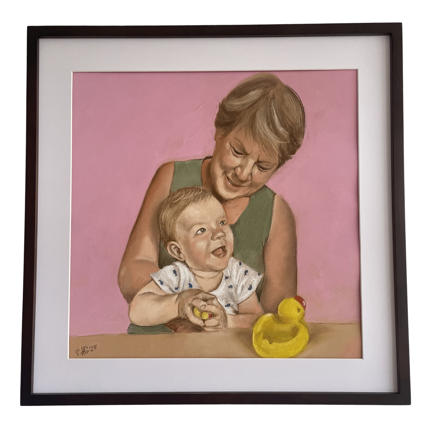 Framed pastel portrait of grandmother and child