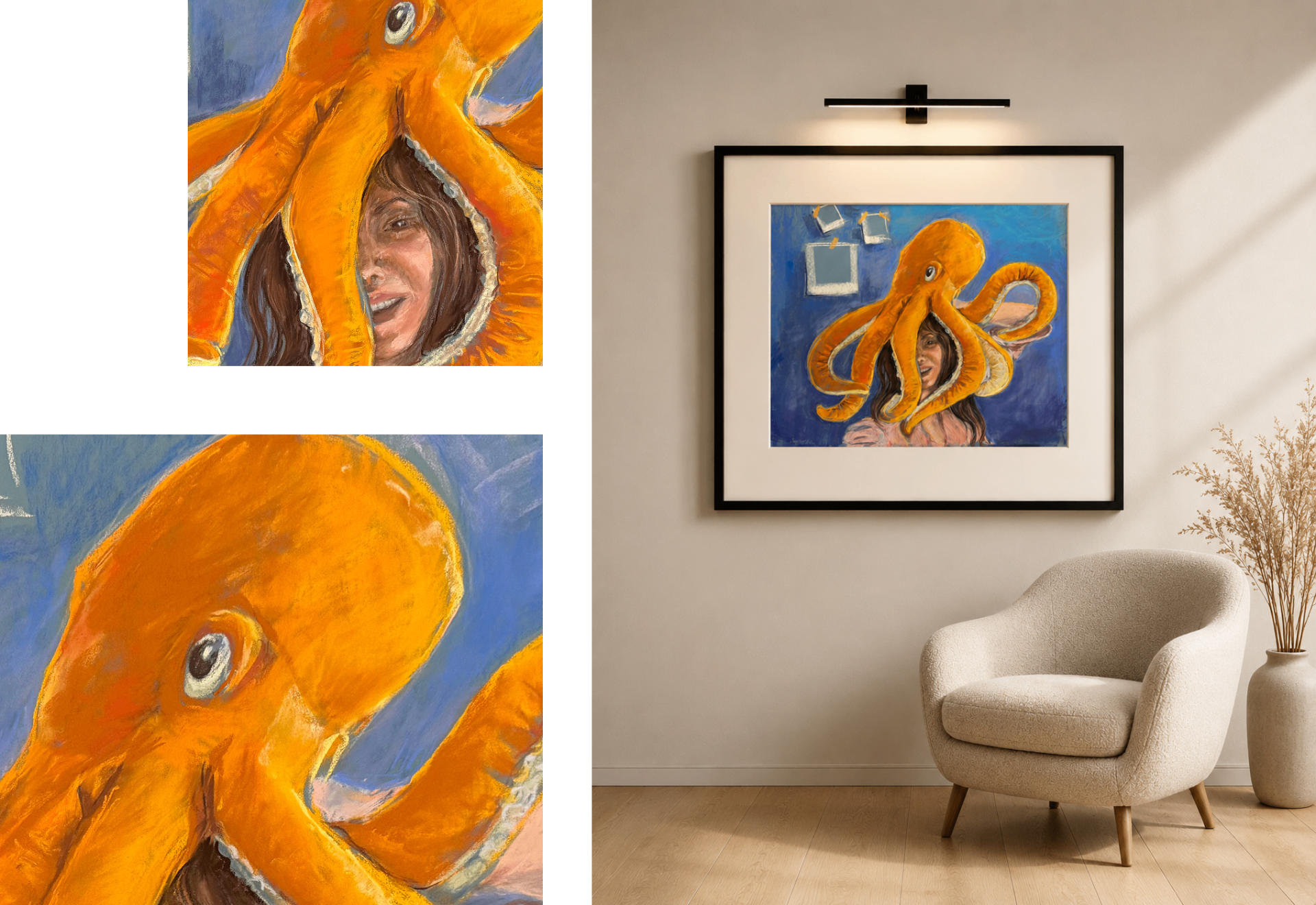 Pastel self-portrait with an orange octopus embracing the artist's head